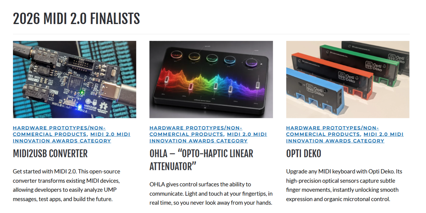 Opti DekoとMIDI2USB Converterが「MIDI Innovation Awards 2026」MIDI 2.0部門のファイナリストに選出されました